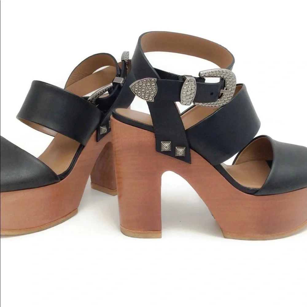 NEW Sonia Rykiel Black Leather/Wood Platforms 38